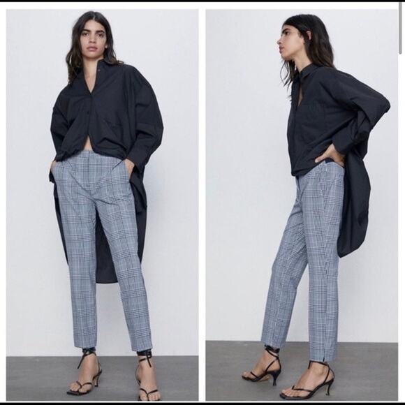 ZARA Plaid Slim Leg Trousers Blue White Ankle Crop Stretch Work Womens Large - Picture 9 of 9